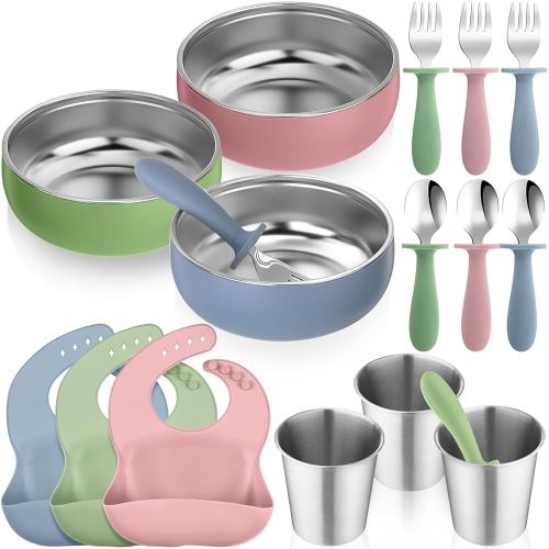 Yinder 15 Pack 304 Stainless Steel Baby Feeding Set Baby LED Weaning Supplies Kids Bowls with Removable Silicone Shell Spoons Forks Silicone Pocket Bibs Cup for Toddler Food Feeding Dishwasher Safe