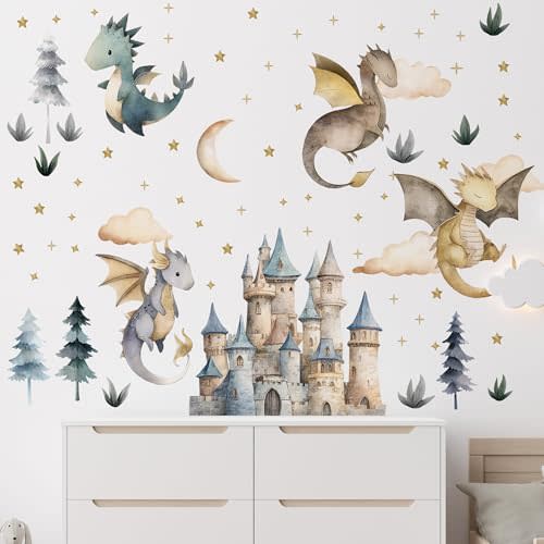 Dragon Wall Stickers,Peel and Stick Colorful Flying Dragon,Castles, White Clouds, Stars.Tree Self-Adhesive Mural，Removable Wall Sticker for Living Room Baby Nursery Kids Room Wall Decor (Dragon Decor)
