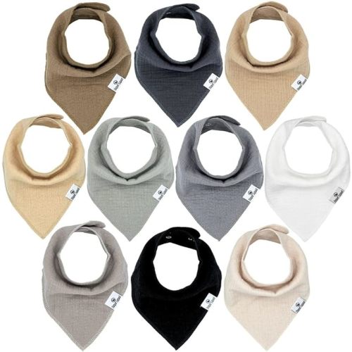 DiaperSquad's 10-Pack Baby Bibs for Drooling and Teething - Bandana Bibs for Girls, Boy, Soft Cotton Baby Drool Bibs - Neutral - 100% Muslin