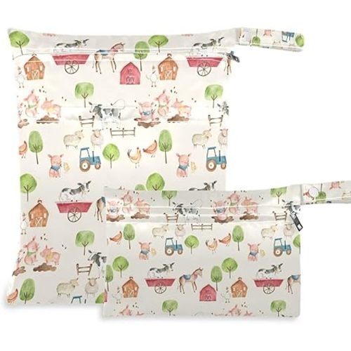 Farm Animals Wet Dry Bag for Baby Cloth Diaper Waterproof Reusable Travel Wet Bag with Two Zippered Pockets for Swimsuits, 2 Pcs