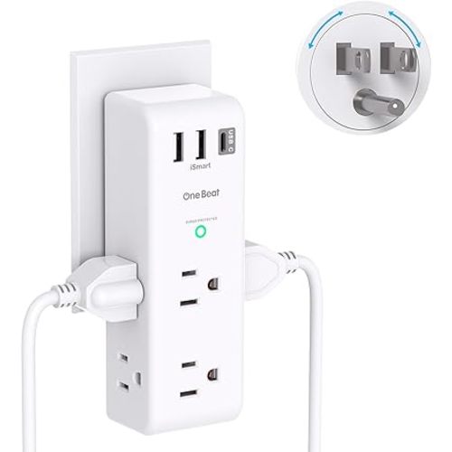 Surge Protector Outlet Extender - with Rotating Plug, 6 AC Multi Plug Outlet with 3 USB Ports (1 USB C), 1800J Wall Charger, 3-Sided Power Strip with Spaced Outlet Splitter for Home, Office, Travel