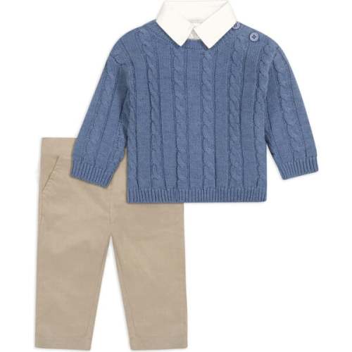 Cable Knit & Collared Sweater Top, Shirt & Pant Set, Blue - Miniclasix | Maisonette