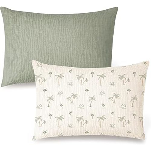 Konssy Muslin Toddler Pillowcase for 13x18 Pillow, 2 Pack Soft & Breathable Cotton Toddler Pillow Case, 100% Cotton Travel Pillow Covers for Baby Kids(Tree,Fog Green)