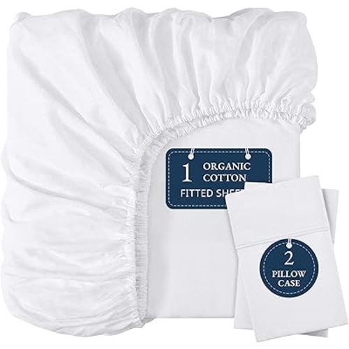 LANE LINEN Fitted Sheet Full Size, 100% Organic Cotton, 3-Piece Set (1 Fitted Sheet, 2 Pillowcases) Percale Weave, Bed Fitted Sheets, Breathable, Fits Mattress Upto 15" Deep - White (No Flat Sheet)