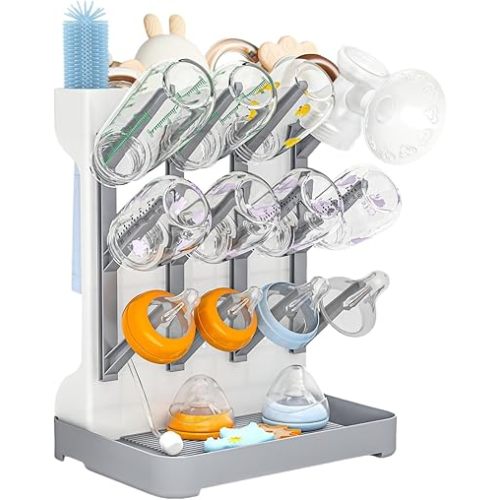 Baby Bottle Drying Rack, Space Saving Vertical Bottle Dryer Holder - Baby Accessories Storage Stand Organizer for Brushes Bottles Pump Part Pacifiers on Countertop BPA-Free - Grey