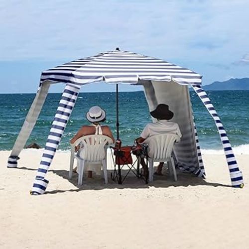 Beach Cabana with Foldable Camping Table - UPF 100+ UV Protection Beach Tent, Easy to Set Up 6' x 6' Canopy with Attachable Wall, Waterproof Fabric, Portable Shelter for Family & Friends (Navy Blue)