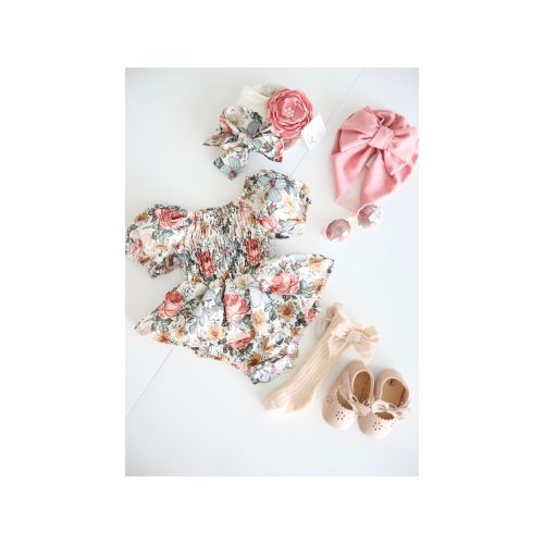 Baby Girl's Easter Spring Romper, Vintage Floral Girl Outfit, Baby Romper Girl Outfit 1st Birthday Bow Headband, Rose Pink Blush Sage Dress