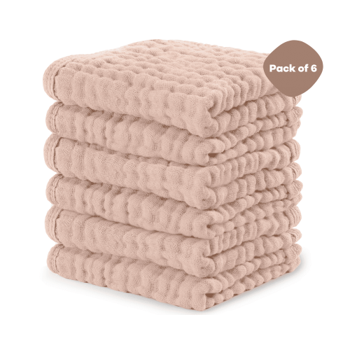 Comfy Cubs Baby Washcloths, Muslin Cotton Baby Towels, Large 10”x10” Wash Cloths (Blush, Pack of 6)