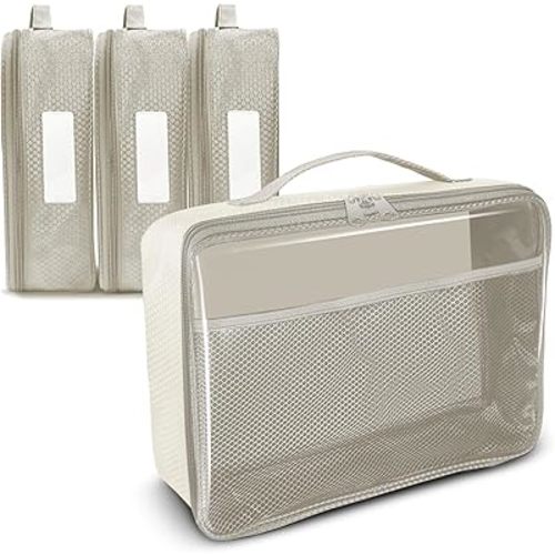 Toy Storage Bag, On the Go Toy Storage Organizer, Car Toy Organization Bags, Lego Travel Bag, Activity Bags for kids, Traveling Carrying Case, Storage Organizer (Large 4pc Beige Bags)