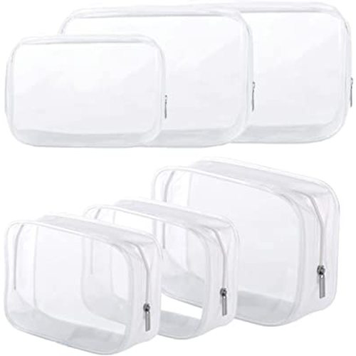 6 Pack Clear Toiletry Carry Pouch with Zipper Portable Plastic Waterproof Cosmetic Bag TSA Approved for Vacation Travel Bathroom and Organizing (White, Small and Large)