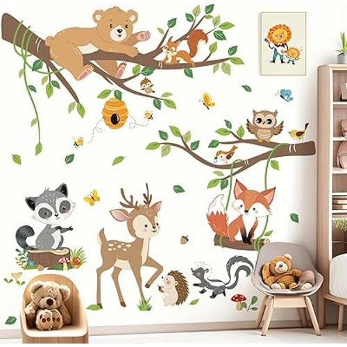 decalmile Woodland Animals Tree Branch Wall Decals Forest Animals Bear Deer Fox Wall Stickers Living Room Baby Nursery Kids Room Wall Decor