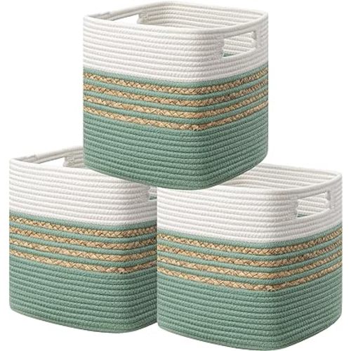 UBBCARE Set of 3 Storage Cubes 13 X 13 X 13 in, Water Hyacinth Storage Bins for Shelves, Toys, Book, Storage Baskets with Handles, Cotton Rope Woven Baskets for Organizing, Green