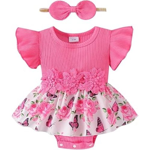 Baby Girl Clothes Summer Outfit Romper Skirt Ruffle Sleeve Cute Bow Headband Infant Bodysuit Set 0-18 Months