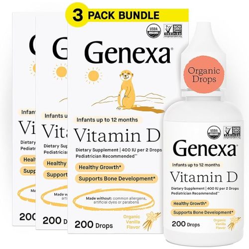Genexa Infants Vitamin D Liquid Drops for Newborn, Baby & Toddler | Bone Development | Delicious Organic Vanilla Flavor | Certified Organic, Gluten Free, & Non-GMO | 270 Servings (3 Pack)