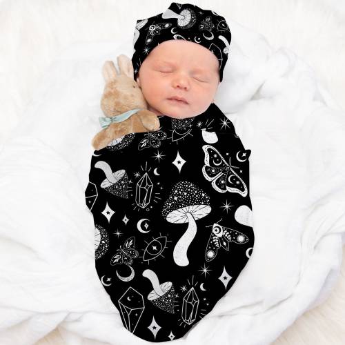 Celestial Mushroom Swaddle Set, Soft & Stretchy Goth Swaddle with Hat, Black Witchy Minky Baby Blanket, Halloween Nursery Bedding