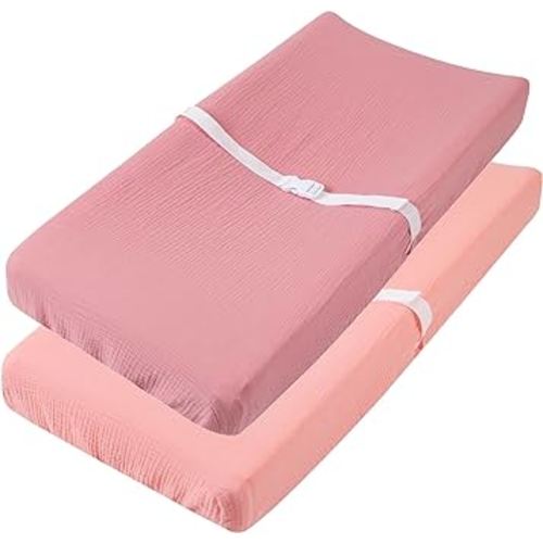 Muslin Changing Pad Cover Soft Breathable 100% Cotton Diaper Change Table Pad Cover 2 Pack for Baby Girl, Pink and Pastel Violet