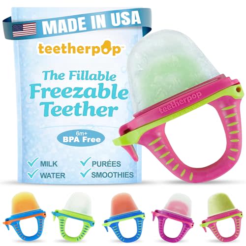 Teetherpop Fillable Freezable Teethers for Babies - Breastmilk Teether with Spill-Proof Sippy Slits – Teething Popsicle for Baby, Liquids & Purées, Cooling Teething Relief Feeder Pacifier - PinkLimon