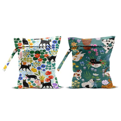 2Pcs Cat Wet Bags 12x10 Inch, Colorful Flowers Waterproof Travel Laundry Bags, Floral Reusable Wet Dry Bag for Swimsuit Pool Beach Diapers Dirty Yoga Gym Clothes, Cat Gifts for Women Friend Travelers