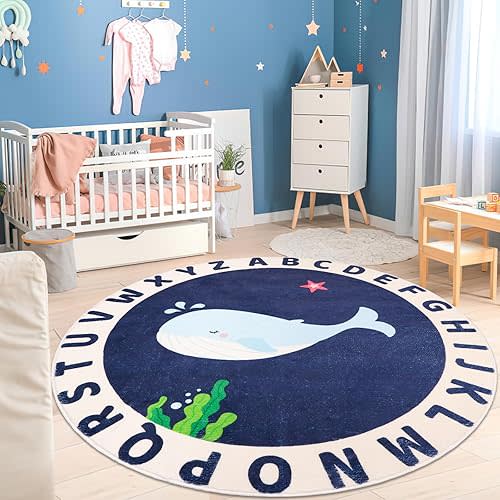 Round Kids Rug - 4ft ABC Alphabet Whale Rug, Non-Slip Play Mat, Washable Educational Carpet for Kids Room, Nursery & Playroom Decor