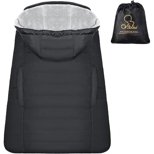 Orzbow Winter Baby Carrier Cover with Detachable Hood, Waterproof & Windproof, Universal for Baby Carriers and Baby Waist Stool, Baby Bunting Bag for Car Seats and Strollers with Storage Bag, Black