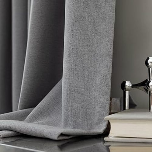 FMFUNCTEX Linen Textured 100% Blackout Curtains for Bedroom/Living Room Darkening Drapes, Grey Curatins 84 Inches Long Farmhouse Thermal Insulated Curtains, Grommet Top Black Out 2 Panels