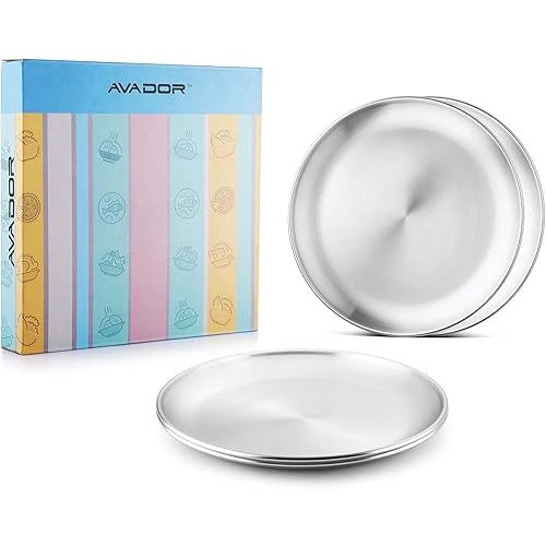 Avador® 18/8 Stainless Steel Products for Dining | Camping | Outdoor BPA Free Dishwasher Safe (Set of 4 Round Plates)