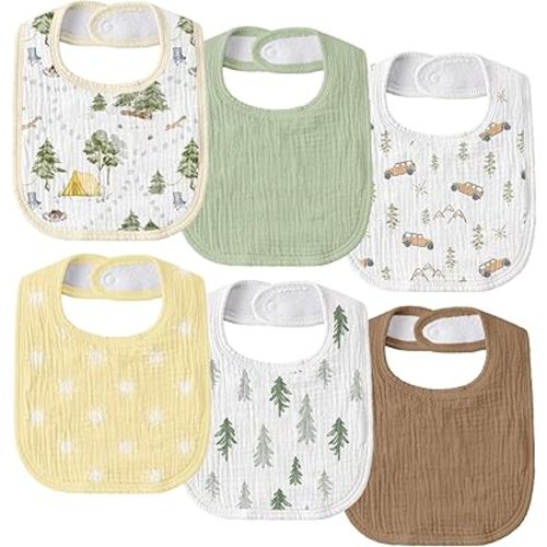 GLLQUEN BABY Muslin Drool Bibs for Boys Girls 6 Pack, Adjustable Baby Bibs for Drooling and Teething, Soft Cotton Baby Bandana Bib for Newborn Feeding Essentials (Cross-country Adventure)