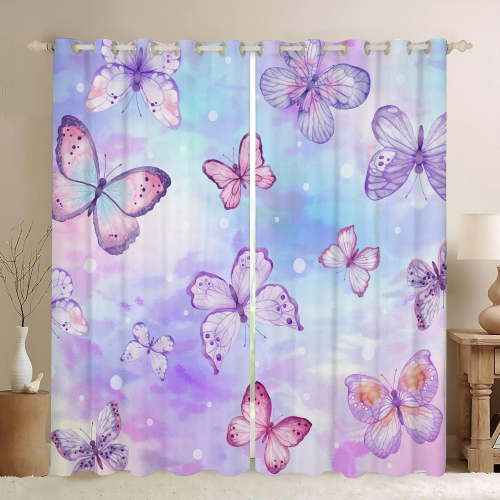 Psoiuetr Butterfly Blackout Curtains Teens Girls Kids Bedroom Living Room Decor Darkening Window Treatments Drapes Grommet Blue Purple Tie Dye 2 Panel 52" W x 63" L