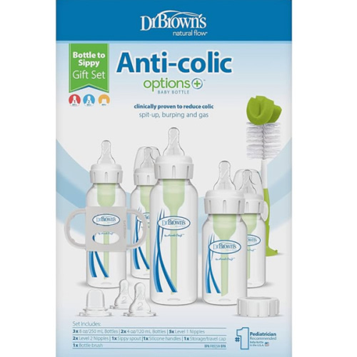 Dr. Brown's Natural Flow® Anti-Colic Options+™ Narrow Bottle to Sippy Gift Set with Soft Silicone Sippy Spout, Removable Silicone Handles, Travel Cap and Bottle Brush