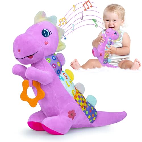 Baby Dino Musical Stuffed Animal Toys for 0-3-6-9-12 Months,Infant Dinosaur Tummy Time Toys with Crinkle Sound Paper,Teether,Textures & Rattles for Newborn Boys Girls Birthday Gifts,Purple