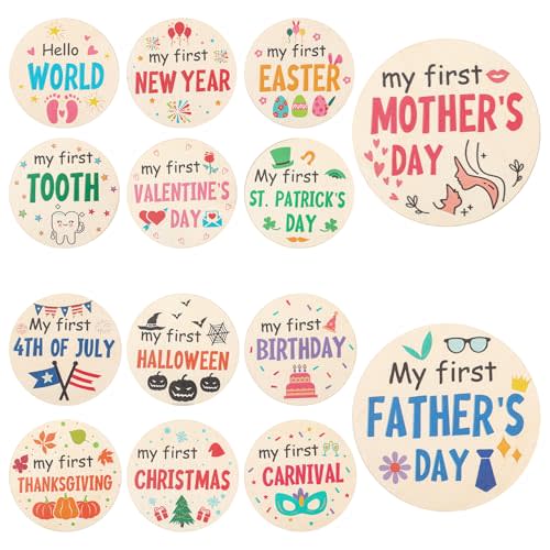 7pcs My First Holiday Baby Milestones Cards, My 1st Signs of 14 Holidays Wooden Circles New Baby Sign Double Sided Baby Discs Announcement Newborn Photo Props for Baby Shower Party Supplies Gift