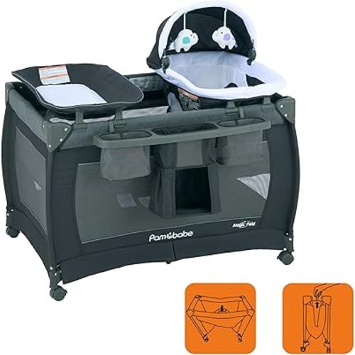 Pamo Babe Playard Magic Fold Playpen Foldable Playard for Baby Portable Playpen Deluxe Nursery Center with Newborn Bassinet Infant Bassinet Diaper Changer