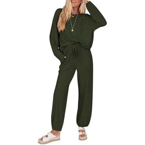 KIRUNDO Lounge Sets for Women 2025 Fall Travel Airport Outfits Ribbed Knit Tops Jogger Pants Tracksuit Postpartum Comfy Set