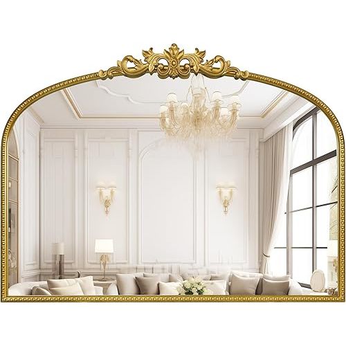 WallBeyond Gold Vintage Mirror for Vanity 32x24 Inch, Gold Antique Mirror with Ornate Frame, Arched Vintage Wall Mirror for Bathroom, Living Room, Fireplace, Entryway