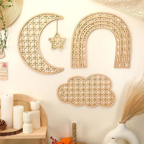 Geetery Boho Wooden Rainbow Nursery Cloud Moon Ornaments Cloud Baby Room Wall Decor for Nursery Boho Wooden Rattan Moon and Stars Decor for Baby Girl Boy