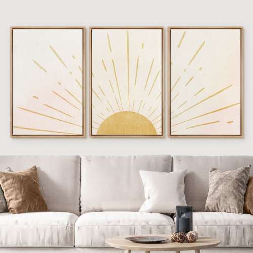 Tryptic Boho Wall Art Prints, 3 Piece Framed Canvas Wall Art, Sun Rays Prints,, Mid Century Modern Home Artwork, Neutral Decor for Bedroom