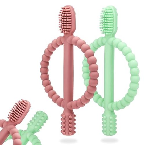 Baby Teething Toys with Easy-Hold Handle, Silicone Infant Toothbrush, Textured On Both Sides Helps Massage, Soothe Sore Gums, Teething Toys for Babies 0-6 Months, 6-12 Months Bright Green & Caramel