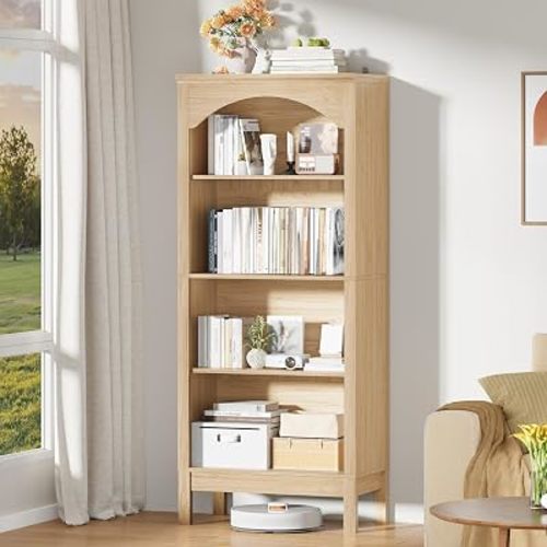 56" H Tall Bookshelf and Bookcase, Arched Book Shelf with 4-Tier Open Shelves, Wooden Storage Bookcase Freestanding Display Bookshelves for Bedroom, Living Room, Natural Oak