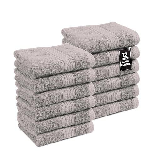 LANE LINEN 100% Cotton Wash Cloths - 12 Pcs - Spa & Salon Quality - Ring Spun Cotton Face Cloths - Soft & Absorbent Washcloths for Body, Beauty, Home, Gym - Fingertip Towels Set - 13"x13", Platinum