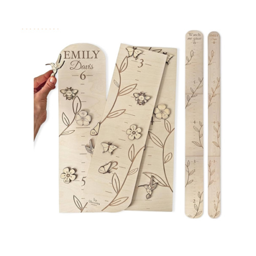Personalized Wooden Growth Chart for Wall - Custom Name Kids Measurement Growth Chart for Girls, Child Height Measuring Chart Wooden, Baby Height Chart Wall Ruler Wood Wildlife Butterfly, 2 Sizes