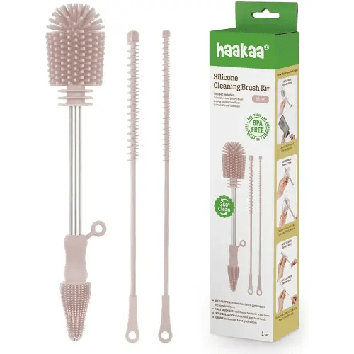 Haakaa Silicone Cleaning Brush Kit – Household Cleaning Brushes for Bottles and Crevices – Food-Grade Silicone: Dishwasher Safe (Kit-Blush)