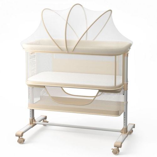 Kinder King Portable Baby Bassinet with Wheels, All-Mesh Bedside Sleeper, Newborn Crib with Removable Mattress, Beige