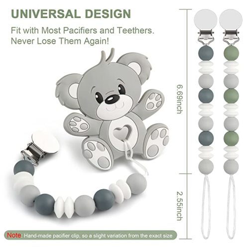 Pacifier Clip Baby Boys Girls Paci Holder Silicone Teething Beads Soothie Binky Clips Teether Toys 2 Pack (Grey, Hunter Green)