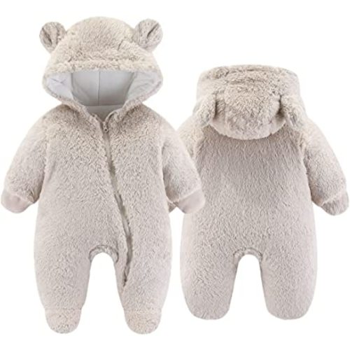 UVIPC Newborn Baby Fleece Footie Snowsuit Winter Onesie Cartoon Bear Warm Hooded Outfits for Girls Boys