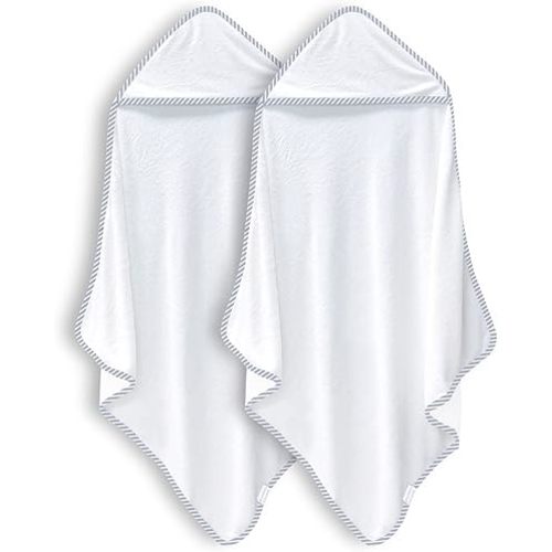 BAMBOO QUEEN 2 Pack Baby Bath Towel - Rayon Made from Bamboo, Ultra Absorbent - Ultra Soft Hooded Towels for Boy and Girl (White and Stripe, 30 x 30 Inch)