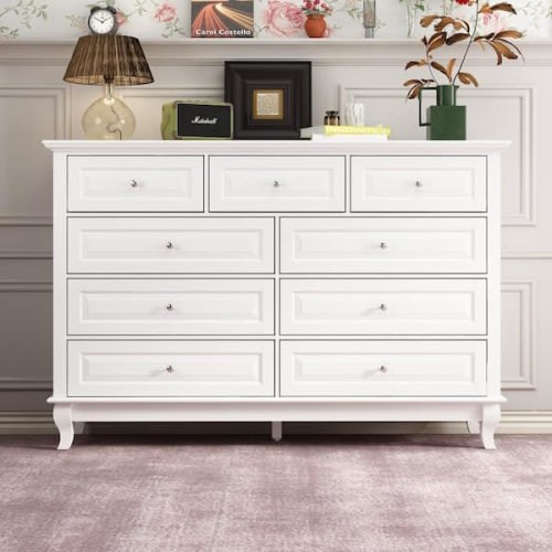 White Wooden 9-Drawer Chest of Drawers 55.1 in. W x 37 in. H x 15.7 in. D Console TV Stand, Modern European Style