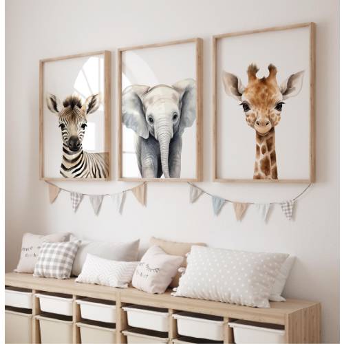 Personalised Safari Prints for Nursery, Set of 3, Jungle Animal Theme Nursery Decor, Gender Neutral Kids Wall Art, Boys Girls Pictures