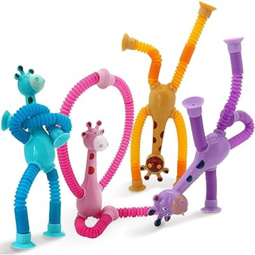 Boxgear 4 Pieces LED Telescopic Suction Cup Giraffe Toy,s | Easter Basket Stuffers, Shape Changing Telescopic Tube Fidget Toys: Pop Fidget Tubes Sensory Toys for Girls Boy