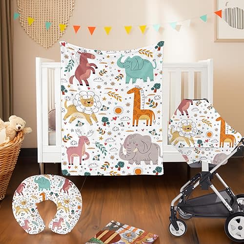 Baby Crib Bedding Set Neutral 3 Pieces: Animals Crib Bedding Set for Boys & Girls - Gift Set Including Blanket, Nursing Pillowcase & Car Seat Cover