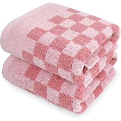 Jacquotha Soft Bath Towels for Bathroom Beach Pool (Pink Checkered) Set of 2, Quick Dry Cotton Cute Valentines Towels for Her Women Girls, 27.5x55 Inches